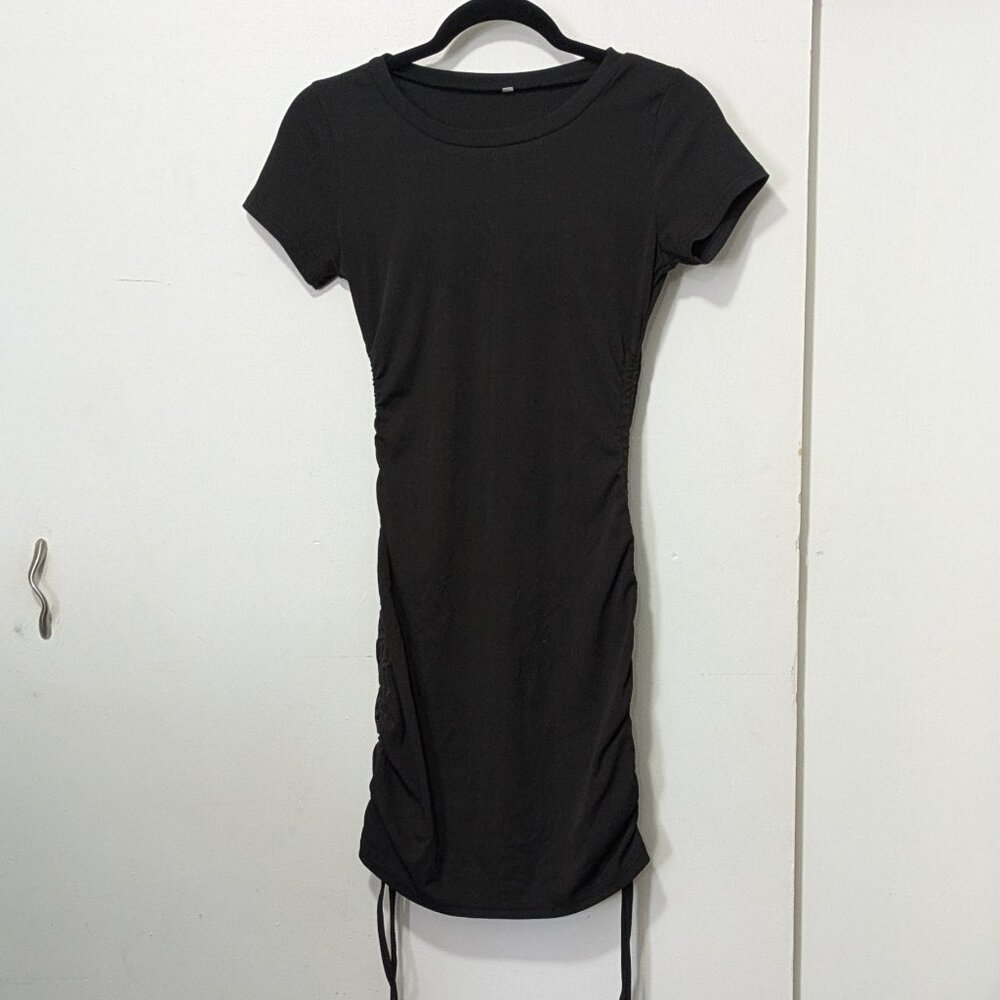 Black Short Sleeved Ribbed and Ruched Shirt Dress - Picture 1 of 4
